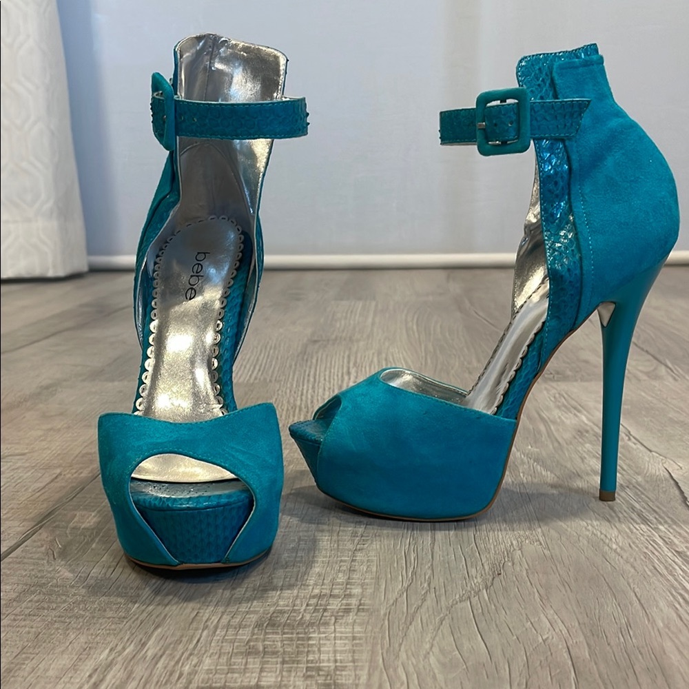 Bebe Blue Stiletto Platform Heels with Ankle Strap